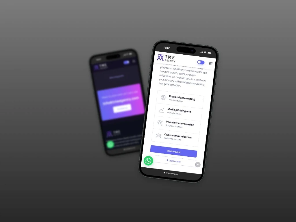 TME Agency mobile services screens
